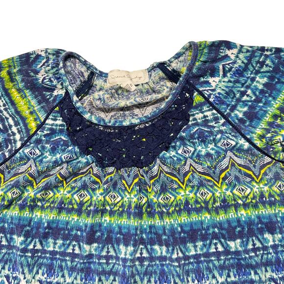 French Laundry Blouse XL Blue Yellow Green Tribal Short Sleeves Cotton Blend - Picture 3 of 7